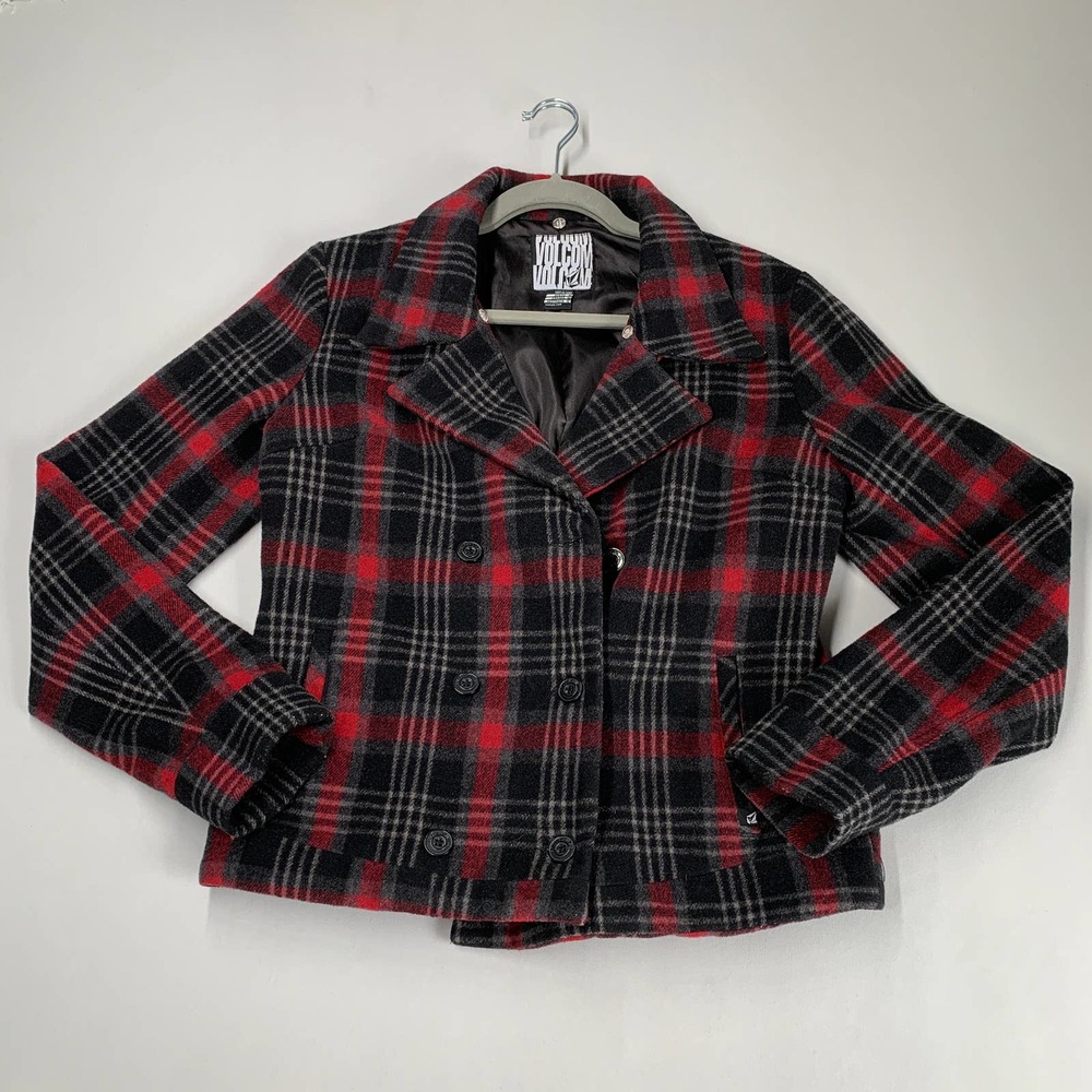 Volcom Double Breasted Vintage Black & Red Plaid Wool Jacket Sz M